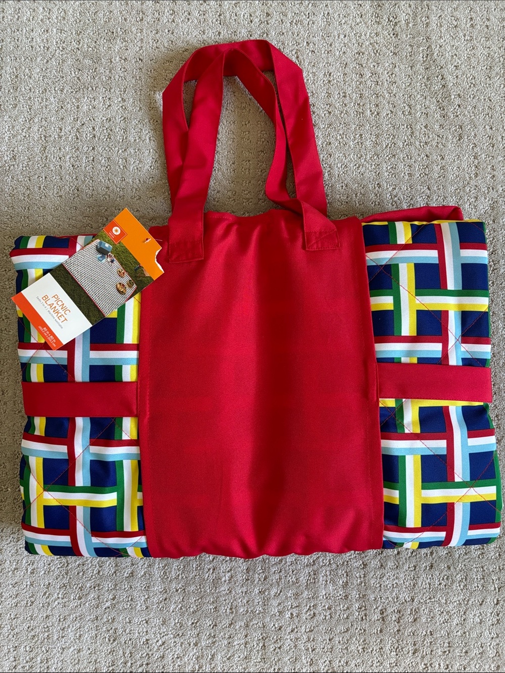 Picnic Blanket with Velcro Carrying Case - Red Multicolor - 80”x80” - Seats 3-4